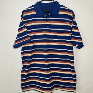 Eddie Domani Polo Shirt Mens Size M Medium Blue Yellow Orange Striped Short Slv